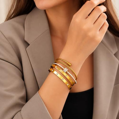 Gold Bangles for Women, 4 Pcs 18K Gold Plated Stainless Steel Stackable Bangle Bracelets, Non Tarnish CZ Bangles Set, Trendy Jewelry Gifts for Women - color: Gold-3