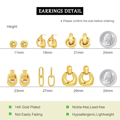 6 Pairs Gold Dangle Earrings for Women, 14K Gold Plated Earrings Geometric Knot Drop Huggie Earrings Trendy Jewelry Gifts - color: A Gold