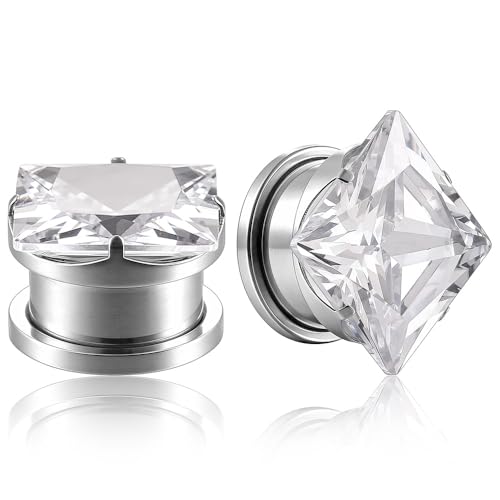 ARTFAN Ear Expander Gauges Tunnels - 2PCS Stainless Steel Screw Square CZ Stone Plugs Tunnels for Stretched Ears, Ear Gauges Stretcher for Women Men, Hypoallergenic Body Piercing Jewelry - size: 0g (8mm)