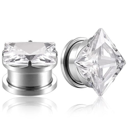 ARTFAN Ear Expander Gauges Tunnels - 2PCS Stainless Steel Screw Square CZ Stone Plugs Tunnels for Stretched Ears, Ear Gauges Stretcher for Women Men, Hypoallergenic Body Piercing Jewelry - size: 5/8in (16mm)