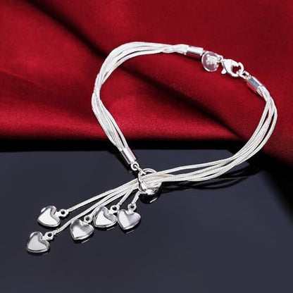 925 Sterling Silver Multi-Strand Five Heart Charm Bracelet, 5 Dangling Hearts, Silver