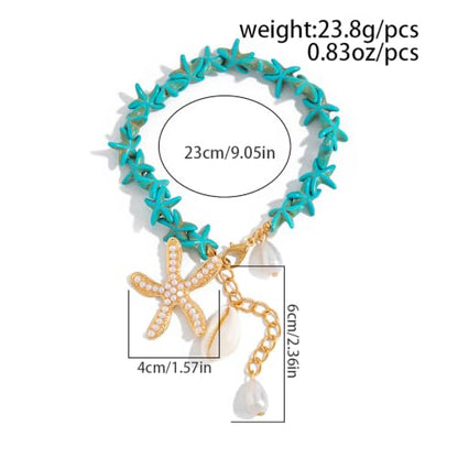 Gold Starfish Shell Pearl Charm Ankle Bracelet Summer Beach Foot Jewelry - color: Blue