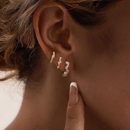 CZ Huggie Earrings for Women, Dainty Gold Earring Stacks 14K Gold Plated Small Huggie Hoop Earrings for Women Trendy Hypoallergenic Cute Unique Gold Earrings Set Fashion Gold Womens Jewelry - color: Gold-set2