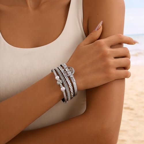 hotoo Leather Wrap Bracelets for Women Tree of Life Cuff Bracelets Pearl Rhinestone Bead Multi-Layer Bracelets Bohemian Jewelry Gift for Women - color: Silver