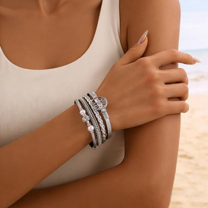 hotoo Leather Wrap Bracelets for Women Tree of Life Cuff Bracelets Pearl Rhinestone Bead Multi-Layer Bracelets Bohemian Jewelry Gift for Women - color: Silver
