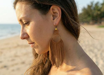 Handmade Genuine Leather Earrings for Women – Long Teardrop Boho Dangles, Lightweight Statement Fashion Jewelry - style: Waterfall - Tan