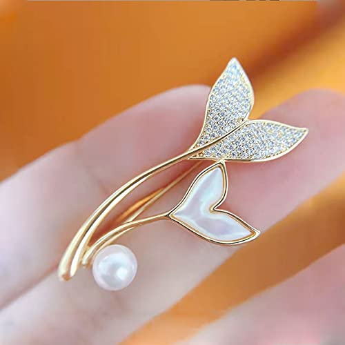 Golden Plated Mermaid Tail Brooch Pin for Women Girls Cubic Zirconia Faux Pearl Double Fish Tails Pins Clip Lapel Shawl Sweater Scarves Jackets Dress Suit Brooches Pins Fashion Jewelry Gifts Clothes Accessories