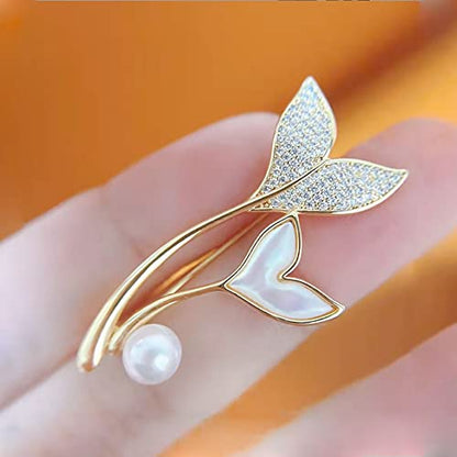 Golden Plated Mermaid Tail Brooch Pin for Women Girls Cubic Zirconia Faux Pearl Double Fish Tails Pins Clip Lapel Shawl Sweater Scarves Jackets Dress Suit Brooches Pins Fashion Jewelry Gifts Clothes Accessories