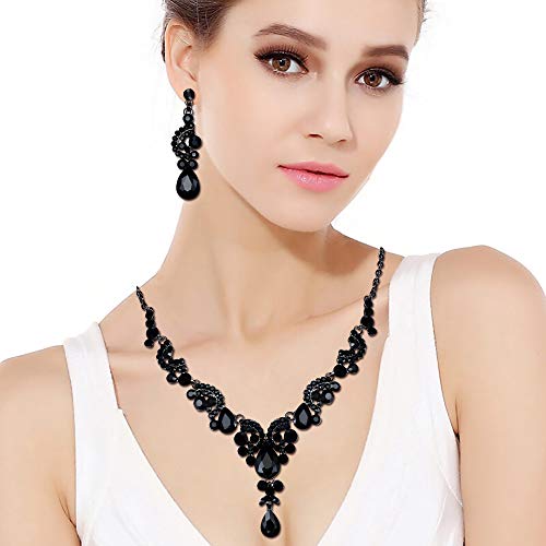 EVER FAITH Rhinestone Crystal Bridal Floral Wave Teardrop Necklace Earrings Set - color: 2pcs_Black Black-Tone