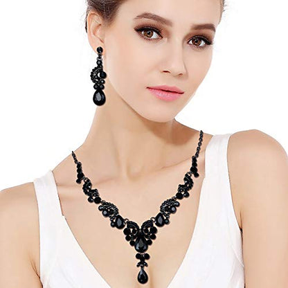 EVER FAITH Rhinestone Crystal Bridal Floral Wave Teardrop Necklace Earrings Set - color: 2pcs_Black Black-Tone