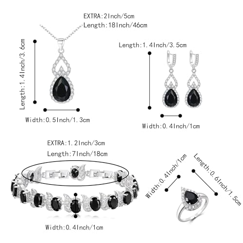 Wedding Jewelry Set for Women Bride Bridesmaid | Gorgeous Cubic Zirconia Teardrop Necklace Earrings Bracelet Adjustable Ring Jewelry Gift for Birthday/Anniversary - color: 11-Black Silver-Tone