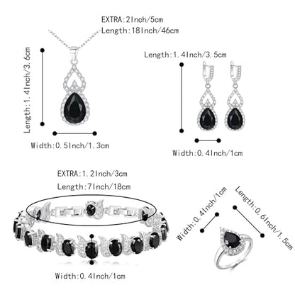 Wedding Jewelry Set for Women Bride Bridesmaid | Gorgeous Cubic Zirconia Teardrop Necklace Earrings Bracelet Adjustable Ring Jewelry Gift for Birthday/Anniversary - color: 11-Black Silver-Tone