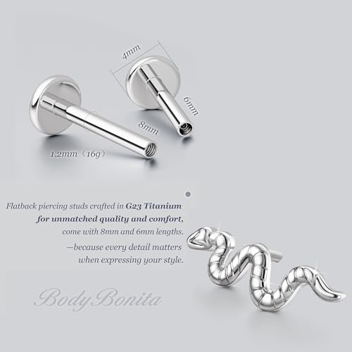 G23 Titanium 16G Tragus Conch Piercing Jewelry Flat Back Stud Earrings | Hypoallergenic CZ Nose Dangle Helix Medusa Lip Labret Body Piercing Jewelry, 14K Gold Plated, Silver, 6 and 8 mm Post Length - color: Serpent's Charm-Titanium