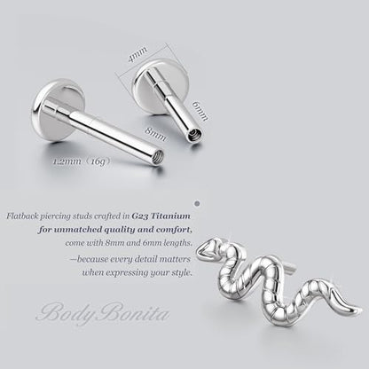 G23 Titanium 16G Tragus Conch Piercing Jewelry Flat Back Stud Earrings | Hypoallergenic CZ Nose Dangle Helix Medusa Lip Labret Body Piercing Jewelry, 14K Gold Plated, Silver, 6 and 8 mm Post Length - color: Serpent's Charm-Titanium