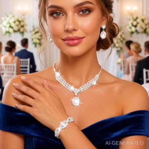 Silver Rhinestone Jewelry Sets Wedding Necklace Set for Women | Bridal Necklace Earrings Bracelet,Sparkly Crystal Prom Costume 3Pcs