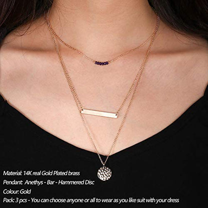 Turandoss Dainty Layered Choker Necklace, Handmade Y Pendant Necklace Multilayer Bar Disc Necklace Adjustable Layering Choker Necklaces for Women - style: 3PCS - Amethyst&Bar&Hammered Disc