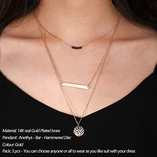 Turandoss Dainty Layered Choker Necklace, Handmade Y Pendant Necklace Multilayer Bar Disc Necklace Adjustable Layering Choker Necklaces for Women - style: 3PCS - Amethyst&Bar&Hammered Disc