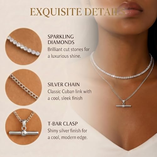 Layered Necklaces for Women Pearl Necklace Stack Gold T Bar Necklace Set Dainty Heart Pendant Jewelry Trendy 2026 Fashion Accessories Gifts - color: B6:2pcs-tennis-silver