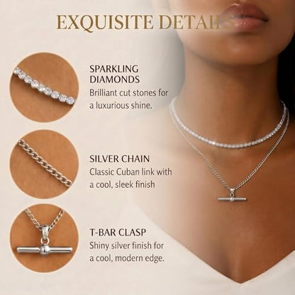 Layered Necklaces for Women Pearl Necklace Stack Gold T Bar Necklace Set Dainty Heart Pendant Jewelry Trendy 2026 Fashion Accessories Gifts - color: B6:2pcs-tennis-silver