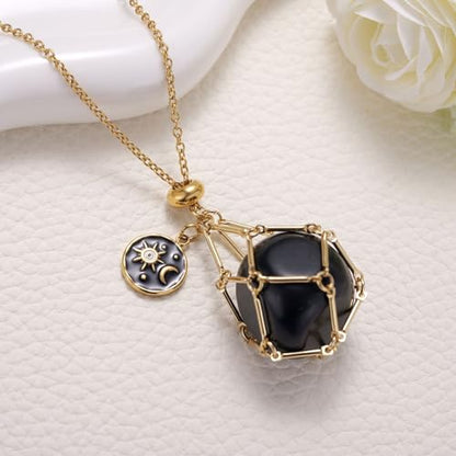 MIXJOY Black Obsidian Crystal Necklace for Women, Sun and Moon Celestial Pendant Protection Gift for Halloween Christmas - style: Medium