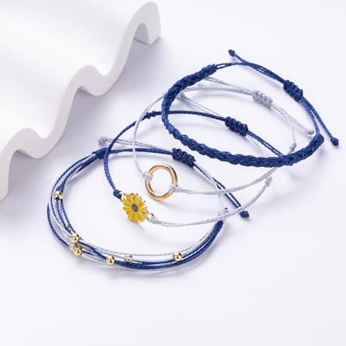 Sunflower Friendship Bracelets Boho Stackable String Bracelets Cute Trendy Gifts for Teen Girls Women - color: Navy Blue