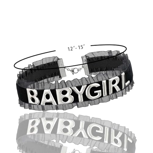 Women's Black Velvet Lace Letter Choker Collar for Halloween, 15-inch | Made of Velvet Lace Ribbon and Silver Letter Charms, Lobster-claw Closure, Daily Gothic Style, Avoid Water & Perfume - color: BABY