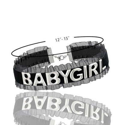 Women's Black Velvet Lace Letter Choker Collar for Halloween, 15-inch | Made of Velvet Lace Ribbon and Silver Letter Charms, Lobster-claw Closure, Daily Gothic Style, Avoid Water & Perfume - color: BABY