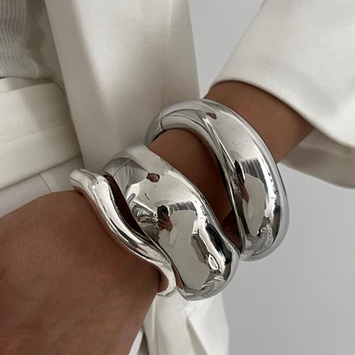Big Chunky Gold Bracelets Set for Women 3Pcs Cuff Wide Bracelet Trendy High Shine Bracelets Minimalist Open Wide Cuff Bracelets Gold Bangle Bracelet Jewelry for Women - style: A-Silver
