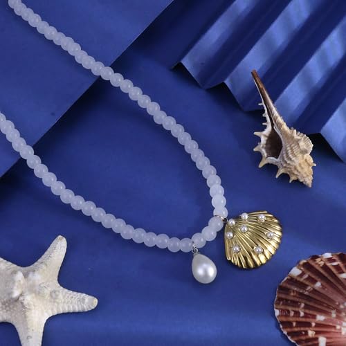 Fish Shell Necklace for Women, Beaded Necklaces Boho Statement Necklace, Pearl Necklaces Summer Beach Vacation Dress & Costume Jewelry - color: White-shell