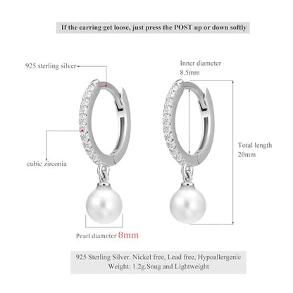Solid 925 Sterling Silver Faux Pearl Dangle Hoop Earrings for Women, Dainty Drop Huggie Earrings with Charm Jewelry Gift for Her - color: Silver