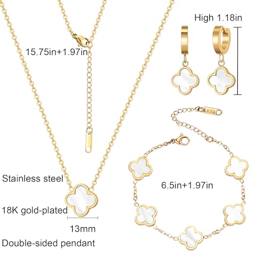 18K Gold Plated Lucky Clover Jewelry Set, Birthday Gifts for Women | Stainless Steel Hypoallergenic,Black White Red Four Leaf Clover Bracelet Necklace Earrings set, Daily Wear, Gifts for Women - color: Clover Set-White