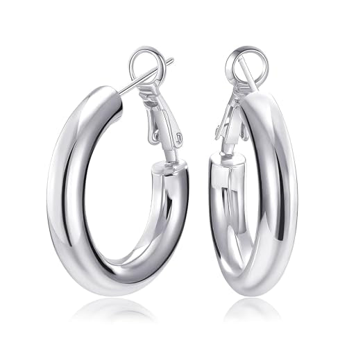 SHOWNII Chunky Gold Hoop Earrings - 14K Gold Plated Earrings for Women Hollow Tube Lightweight Thick Hoops 20/25/30/40mm Valentines Graduation Mother's Day Birthday Gifts - color: 30 Millimeters-White Gold Plated