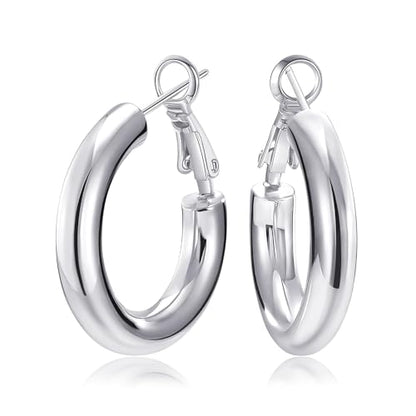SHOWNII Chunky Gold Hoop Earrings - 14K Gold Plated Earrings for Women Hollow Tube Lightweight Thick Hoops 20/25/30/40mm Valentines Graduation Mother's Day Birthday Gifts - color: 30 Millimeters-White Gold Plated