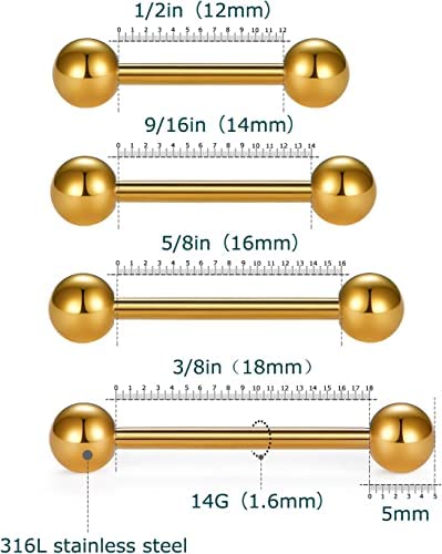 VCMART Nipple Rings Tongue Rings Stainless Steel 14G Straight Barbells Piercing Jewelry 12mm,14mm,16mm,18mm - color: 7 -silver & gold