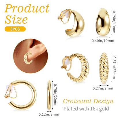 3Pairs Clip On Earrings for Women Clip Earrings Clip On Gold Hoop Earring | 16K Gold Plated, Chunky Tube, Croissant, Waterdrop, Non Pierced, Fake Jewelry Set