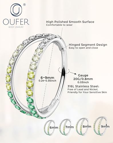 OUFER Double Hoop Nose Ring, 20G Nose Piercing Surgical Steel Nose Rings for Women, Elegant Nose Rings Hoops Perfect for Daily Nostril Piercing Jewelry - color: Silver+Green CZ