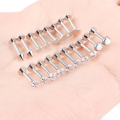 Threadless Noses Rings, Flat Back Earrings, 20/18/16g-Gauge 5/16in-Post 3mm-Top, Hypoallergenic Surgical Steel Medusa Lip Labret Cartilage Helix Tragus Conch Piercing Jewelry for Women Men - color: White, size: 16g*8mm