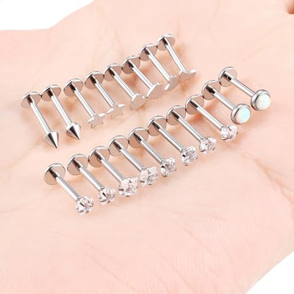 Threadless Noses Rings, Flat Back Earrings, 20/18/16g-Gauge 5/16in-Post 3mm-Top, Hypoallergenic Surgical Steel Medusa Lip Labret Cartilage Helix Tragus Conch Piercing Jewelry for Women Men - color: White, size: 16g*8mm