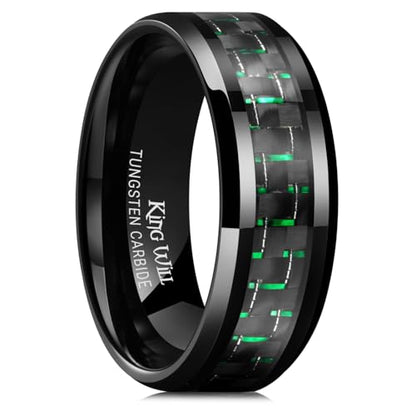 King Will 8mm Mens Tungsten Wedding Rings Carbon Fiber Plaid Inlaid Polished - color: Black-Green Fiber, size: 7