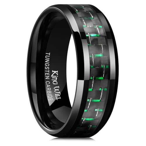 King Will 8mm Mens Tungsten Wedding Rings Carbon Fiber Plaid Inlaid Polished - color: Black-Green Fiber, size: 7