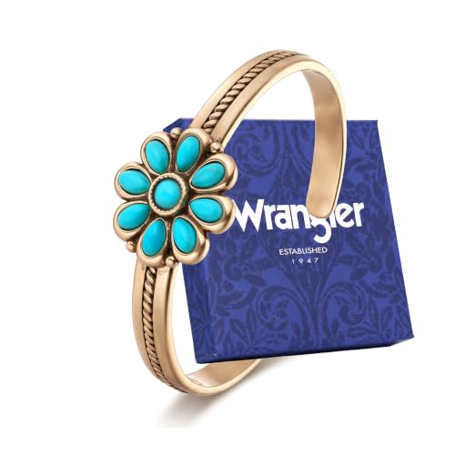 Wrangler Western Gold Turquoise Flower Open Cuff Bracelet for Women | Hand-Engraved Floral, Adjustable, Gold Plated Bangle, Southwestern Navajo design, with gift box, AR-WG-AC-BC-114-GD-TQ