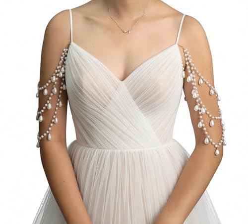 2 Pcs Pearl Shoulder Chain Detachable Bridal Arm Jewelry Layered Beaded Tassel Epaulettes for Wedding Prom Dress Sleeves Pearl Straps Accessory