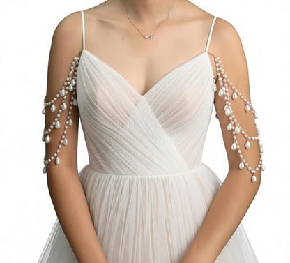 2 Pcs Pearl Shoulder Chain Detachable Bridal Arm Jewelry Layered Beaded Tassel Epaulettes for Wedding Prom Dress Sleeves Pearl Straps Accessory