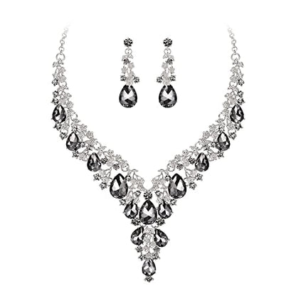 Wedding Bridal Necklace Earrings Jewelry Set for Women | Gorgeous Austrian Crystal Teardrop Flower Cluster for Bridal Bride Bridesmaid - color: 2Pcs-Grey Silver-Tone