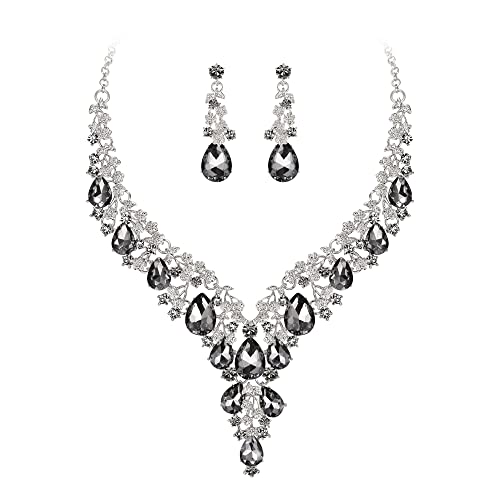 Wedding Bridal Necklace Earrings Jewelry Set for Women | Gorgeous Austrian Crystal Teardrop Flower Cluster for Bridal Bride Bridesmaid - color: 2Pcs-Grey Silver-Tone