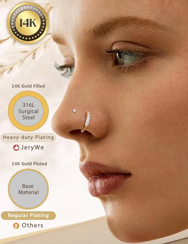 JeryWe Nose Rings for Women - 14K Gold Filled Hypoallergenic Surgical Steel Nose Ring Hoops CZ Lip Ring Screw L Shaped Studs Threadless Flat Back Stud Nose Piercings Jewelry for Women Men - style: 14K Gold Filled-CZ