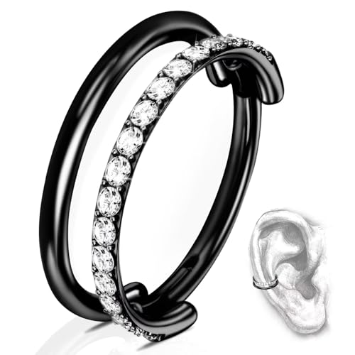 G23 Titanium Conch Piercing Jewelry Hoop: 16G 8mm/10mm/12mm Diamond Cartilage Earring Helix Double Piercing Hoop Septum Rings Hypoallergenic Nose Rings Hinged Segment Clicker Lip Rings Rook Daith Tragus Earrings - color: Black-Double Layers, One Row CZ