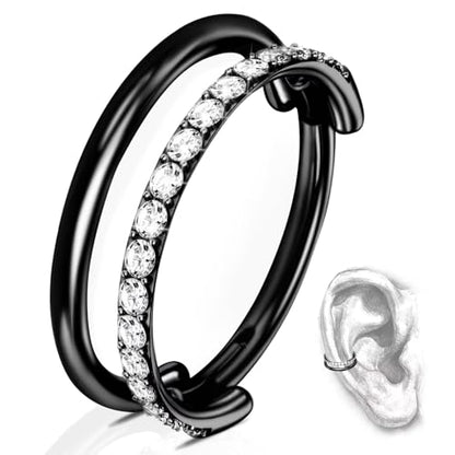 G23 Titanium Conch Piercing Jewelry Hoop: 16G 8mm/10mm/12mm Diamond Cartilage Earring Helix Double Piercing Hoop Septum Rings Hypoallergenic Nose Rings Hinged Segment Clicker Lip Rings Rook Daith Tragus Earrings - color: Black-Double Layers, One Row CZ