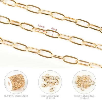 KYUNHOO 10 Meters Necklace Chain Roll 6MM Width Paperclip Chain for Jewelry Making Gold Plated Iron Necklace Chains Bulk Metal Chain for Craft DIY Jewelry Findings - color: 13x6mm Paperclip