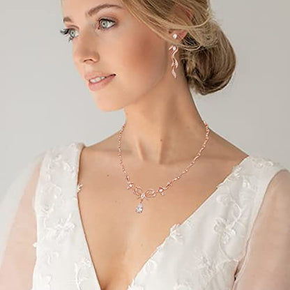 Crysdue Women's Wedding Bridal Jewelry Set for Brides Bridesmaids Cubic Zirconia Flower Leaf Vine Necklace Dangle Earrings for Prom Party - style: 12-rose gold